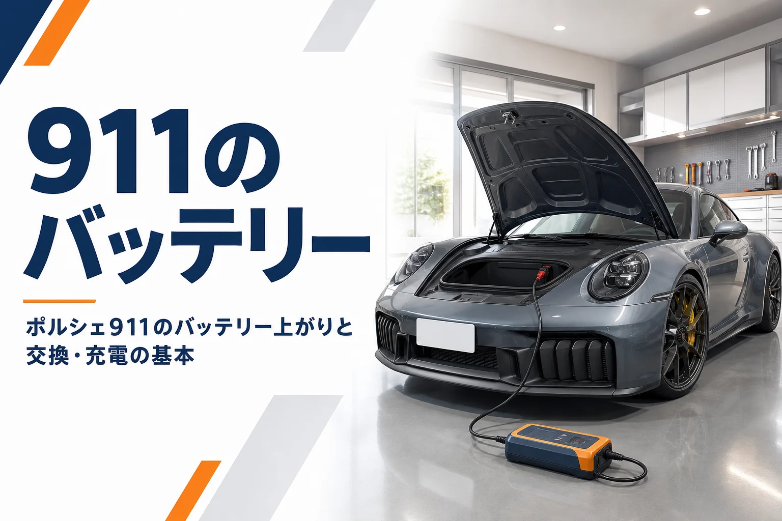 ガレージで充電の準備をしているポルシェ911