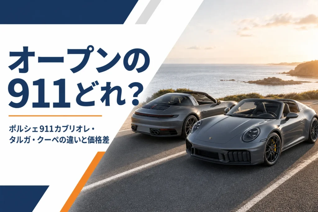 海沿いの道に並ぶ屋根を開けたポルシェ911カブリオレとタルガ