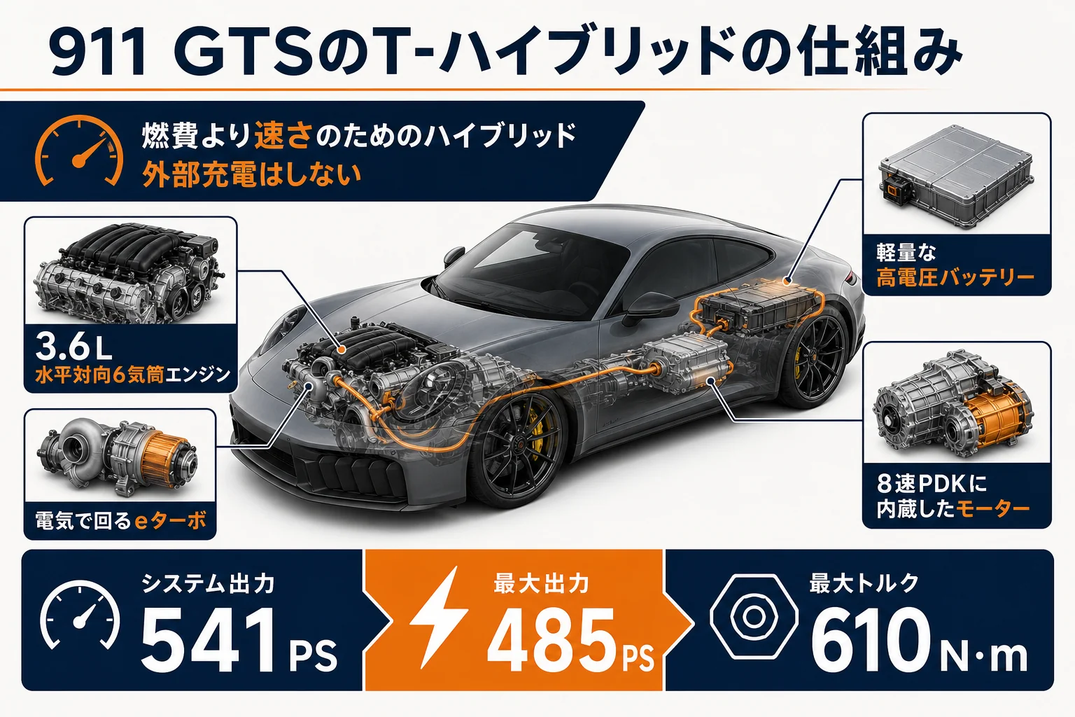 911 GTSのT-ハイブリッドの構成(エンジン・eターボ・PDK内蔵モーター・バッテリー)を示した図解