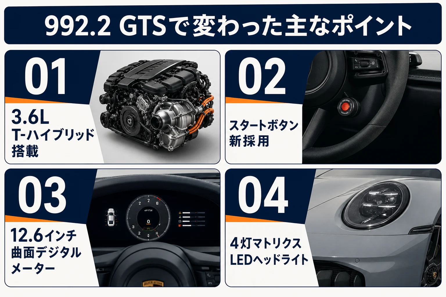 992.1と992.2のGTSの主な違い(エンジン・内装・装備)をまとめた図解