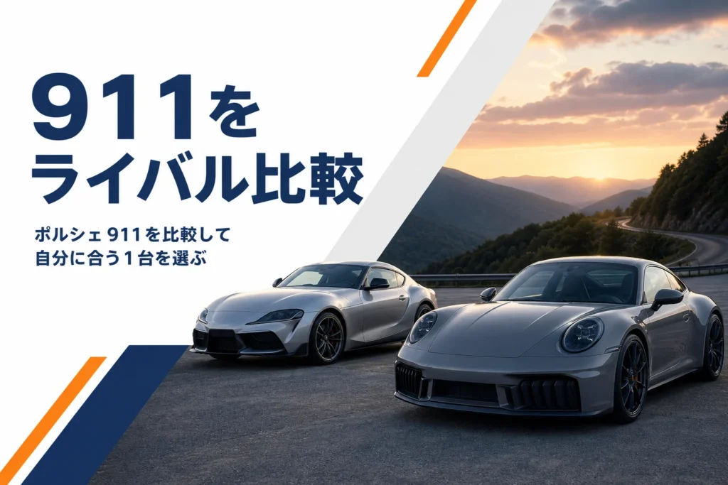 夕方の路肩に911クーペとほかのスポーツカーが並んだ様子