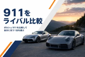 夕方の路肩に911クーペとほかのスポーツカーが並んだ様子