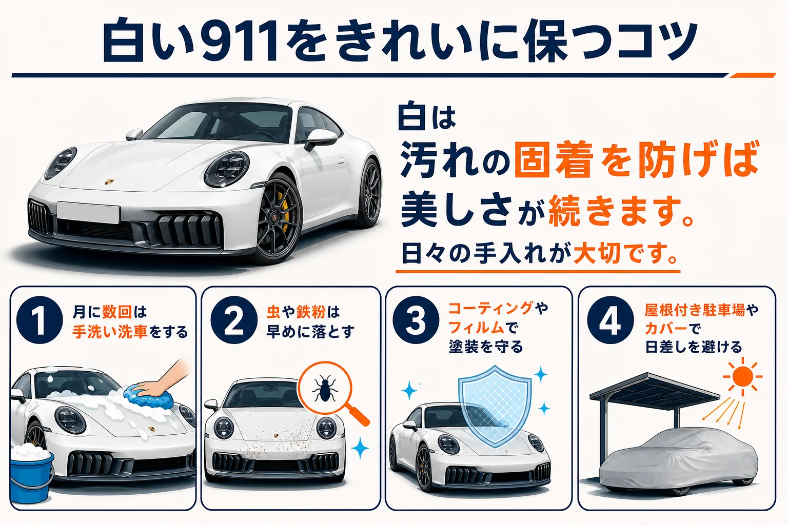 白い911の手入れ方法をまとめてコツを示した図解