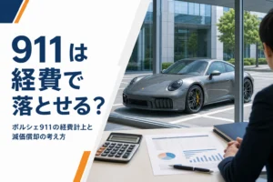オフィスの窓越しに見える911と電卓
