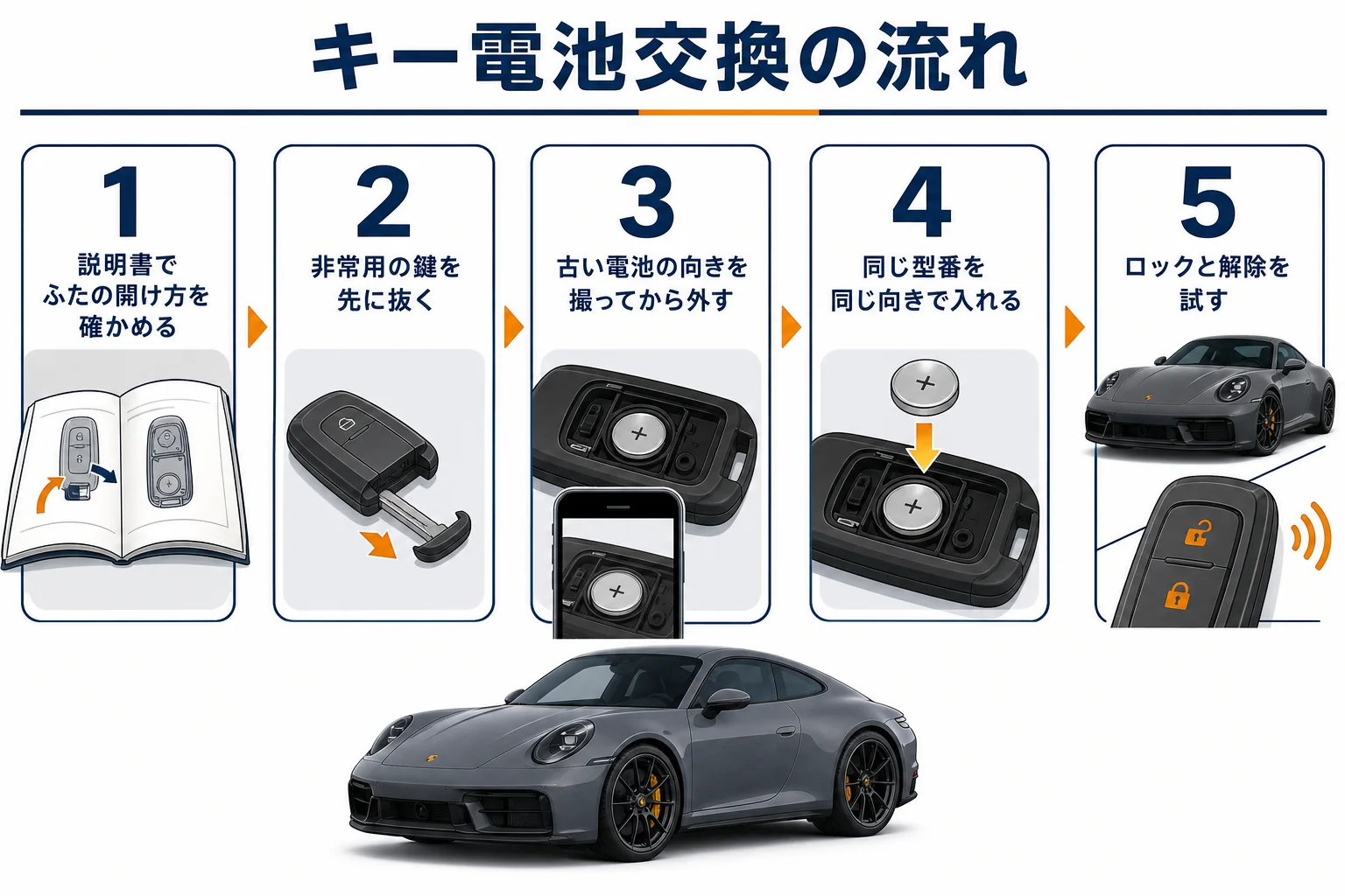 911のキー電池交換の流れを示した図解