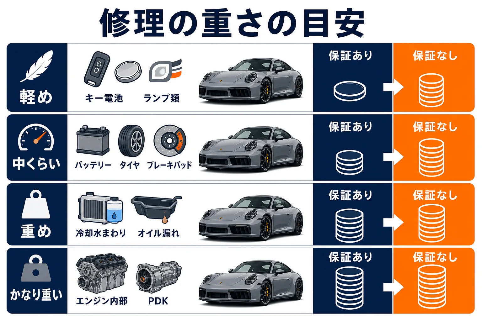 911の修理を重さで4段階に分けた図解