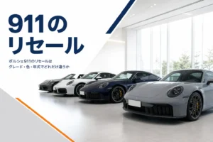 色とボディの違うポルシェ911が並ぶショールーム