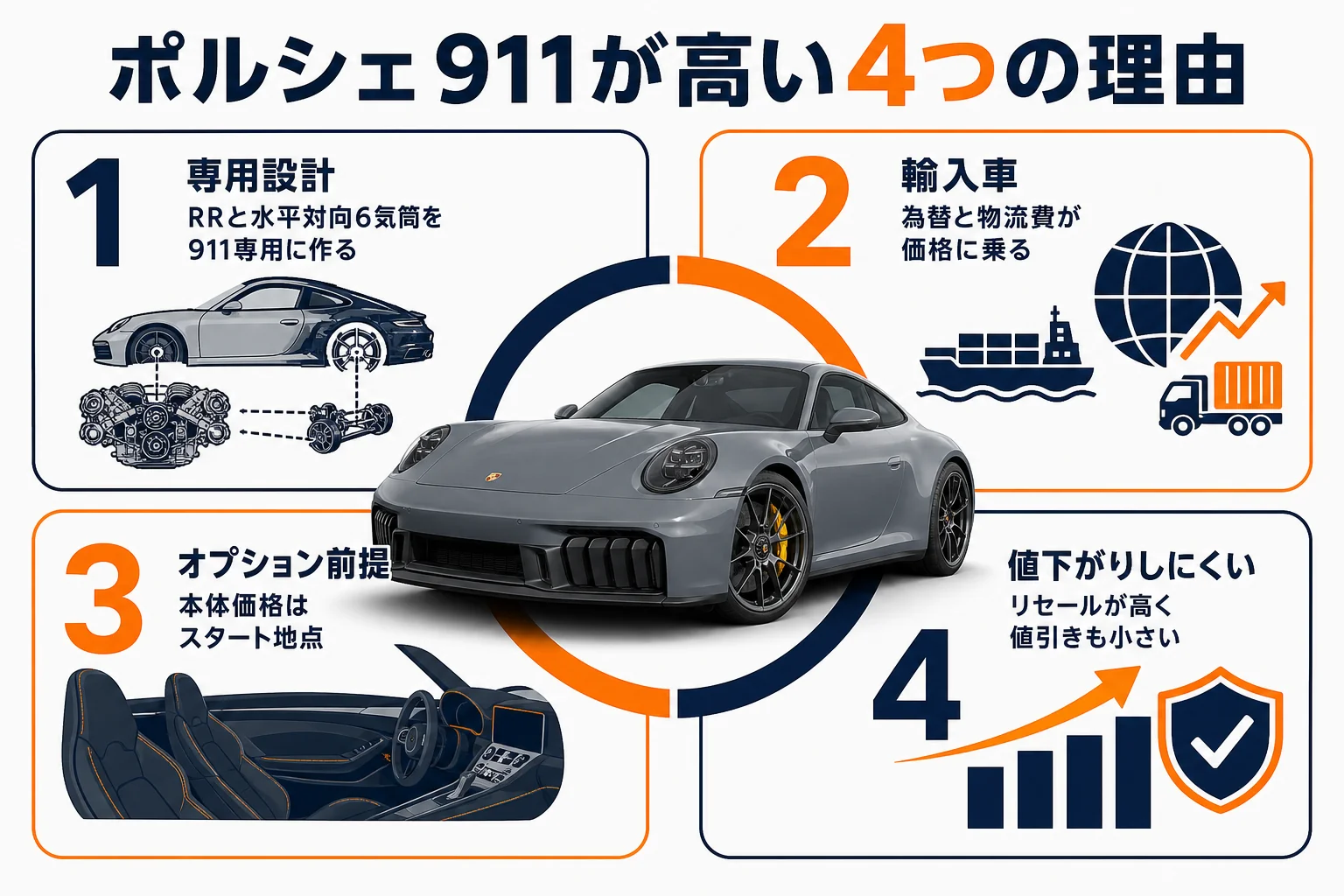 ポルシェ911が高い4つの理由を並べた図解