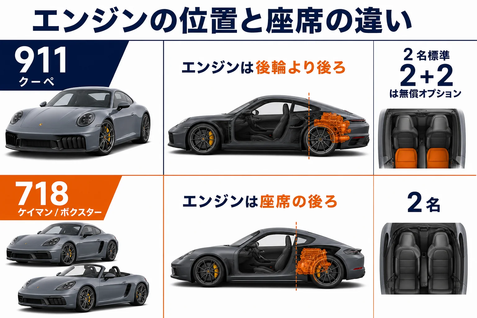 911と718のエンジン位置と座席の違いを示した図解