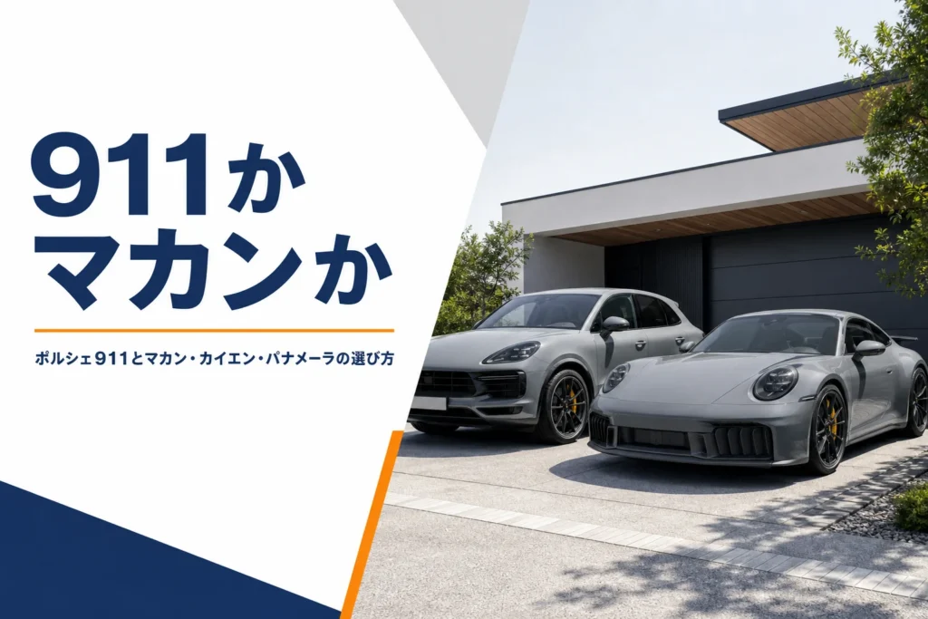 ガレージ前に911クーペとSUVが並んだ様子