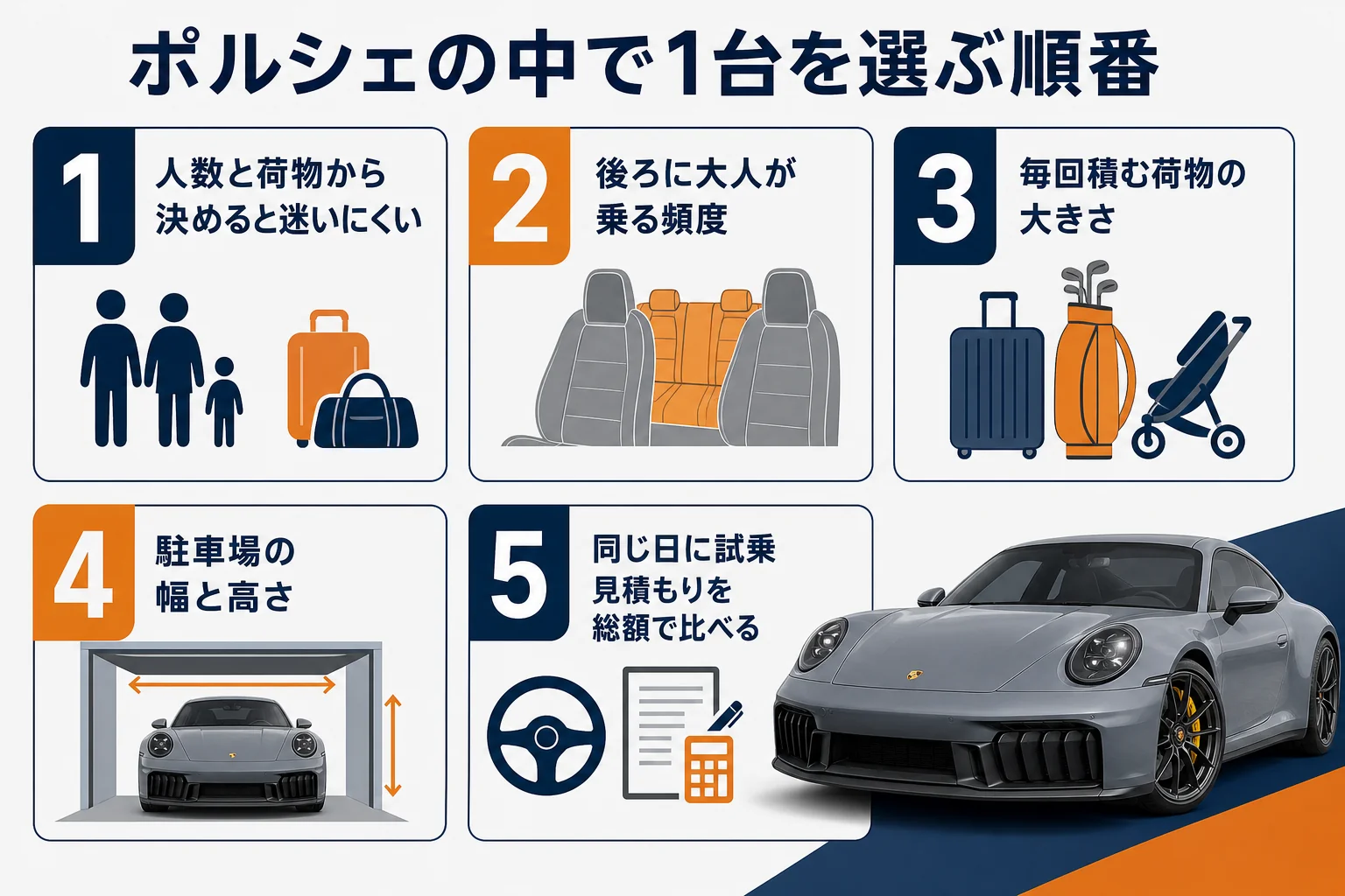 ポルシェの中で1台を選ぶ手順を示した図解