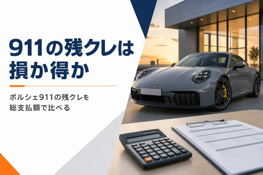 ショールーム前のポルシェ911と電卓、見積書